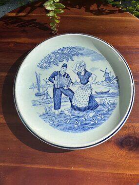 Vintage Boch Belgium Delfts Blue & White Plate - Dancing Dutch Couple & Windmill